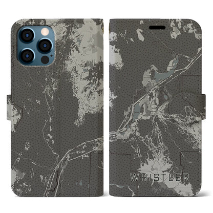 【ウィスラー（カナダ）】地図柄iPhoneケース（手帳タイプ）モノトーン・iPhone 12 / 12 Pro 用