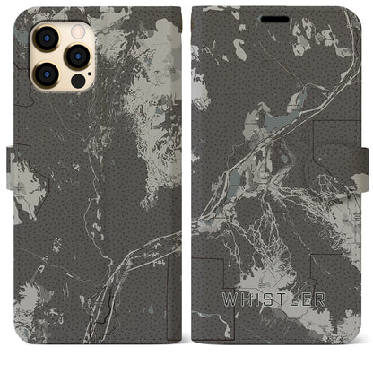 【ウィスラー（カナダ）】地図柄iPhoneケース（手帳タイプ）モノトーン・iPhone 12 Pro Max 用