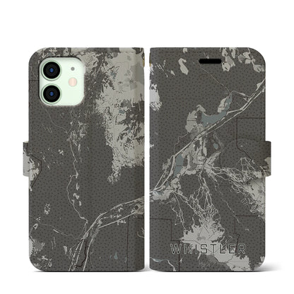 【ウィスラー（カナダ）】地図柄iPhoneケース（手帳タイプ）モノトーン・iPhone 12 mini 用