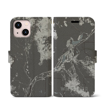 【ウィスラー（カナダ）】地図柄iPhoneケース（手帳タイプ）モノトーン・iPhone 13 mini 用