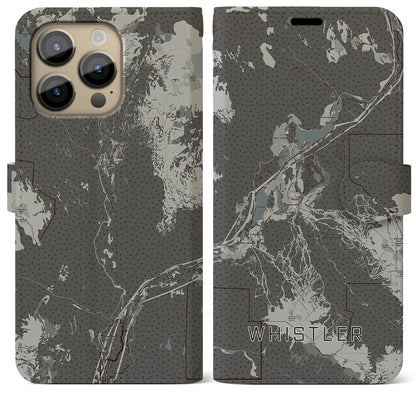【ウィスラー（カナダ）】地図柄iPhoneケース（手帳タイプ）モノトーン・iPhone 14 Pro Max 用