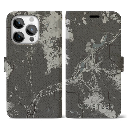 【ウィスラー（カナダ）】地図柄iPhoneケース（手帳タイプ）モノトーン・iPhone 14 Pro 用