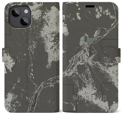 【ウィスラー（カナダ）】地図柄iPhoneケース（手帳タイプ）モノトーン・iPhone 14 Plus 用
