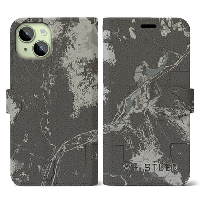 【ウィスラー（カナダ）】地図柄iPhoneケース（手帳タイプ）モノトーン・iPhone 15 用