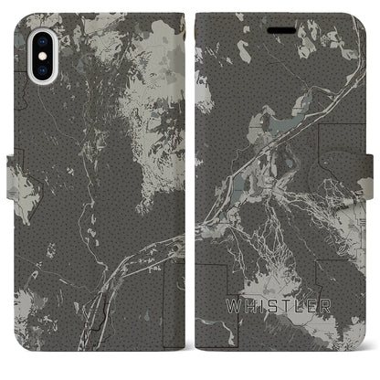 【ウィスラー（カナダ）】地図柄iPhoneケース（手帳タイプ）モノトーン・iPhone XS Max 用
