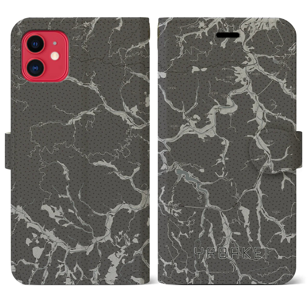 【耶馬渓（大分県）】地図柄iPhoneケース（手帳タイプ）モノトーン・iPhone 11 用