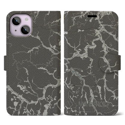 【耶馬渓（大分県）】地図柄iPhoneケース（手帳タイプ）モノトーン・iPhone 14 用