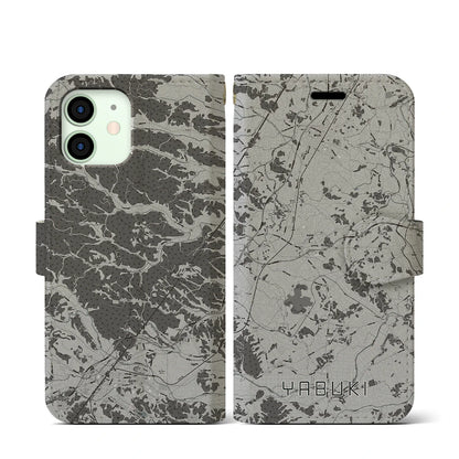 【矢吹（福島県）】地図柄iPhoneケース（手帳タイプ）モノトーン・iPhone 12 mini 用