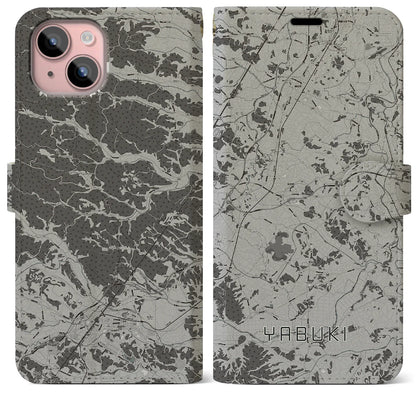 【矢吹（福島県）】地図柄iPhoneケース（手帳タイプ）モノトーン・iPhone 15 Plus 用