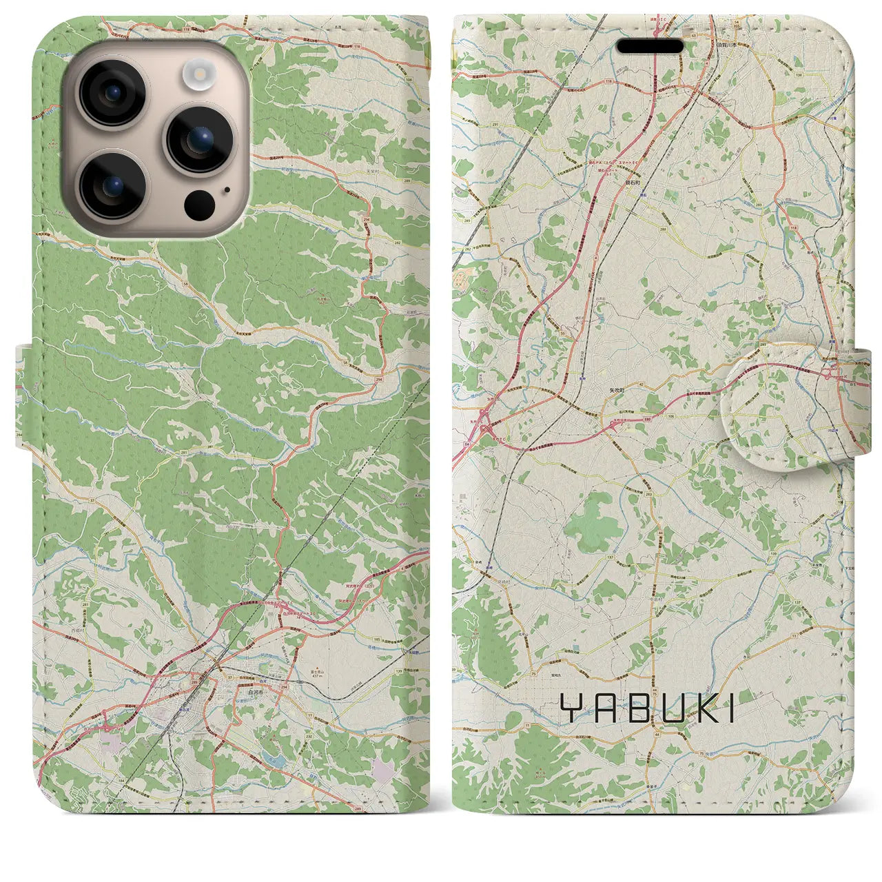 【矢吹（福島県）】地図柄iPhoneケース（手帳タイプ）ナチュラル・iPhone 16 Plus 用