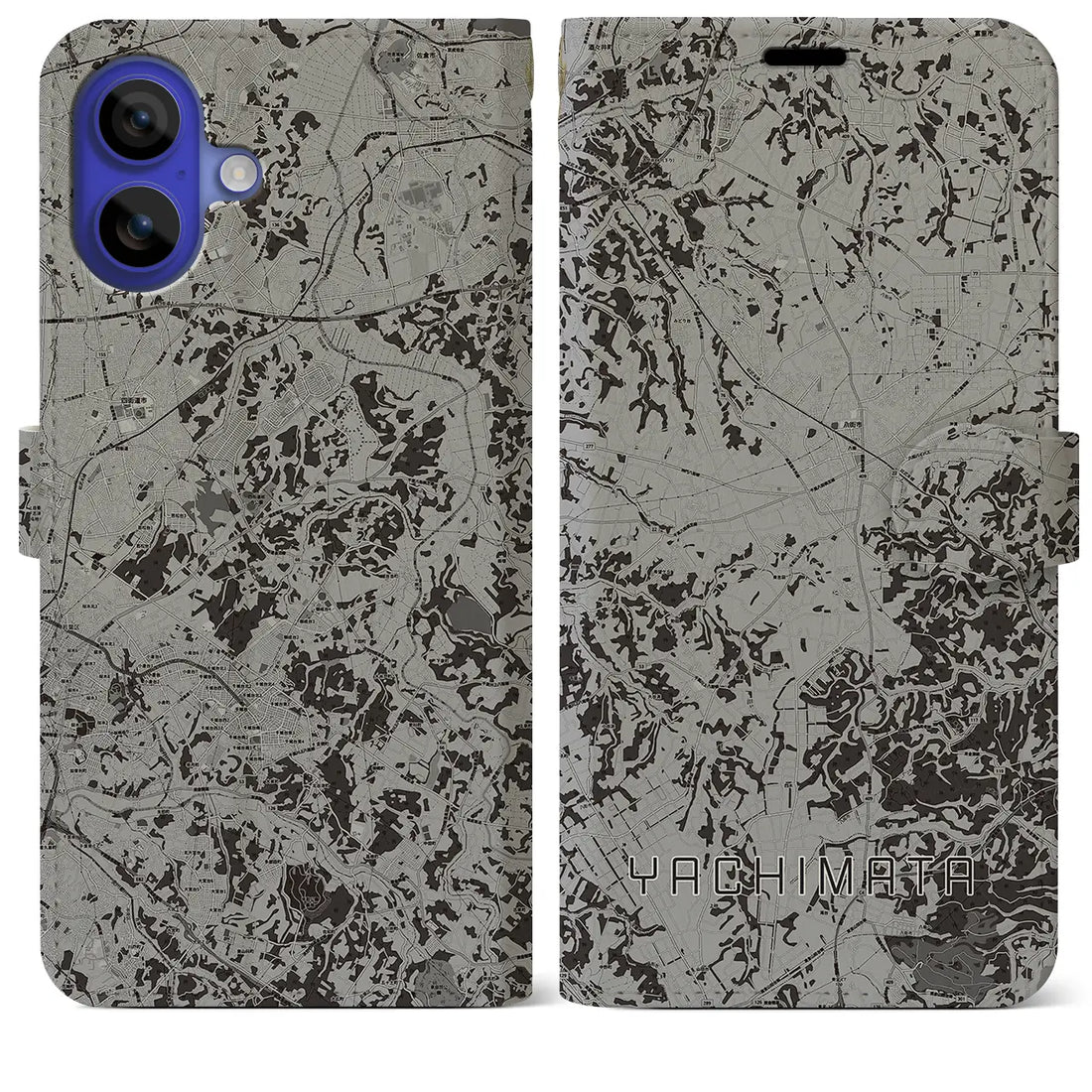 【八街(千葉県)】地図柄iPhoneケース(手帳タイプ)モノトーン・iPhone 16 Pro Max 用