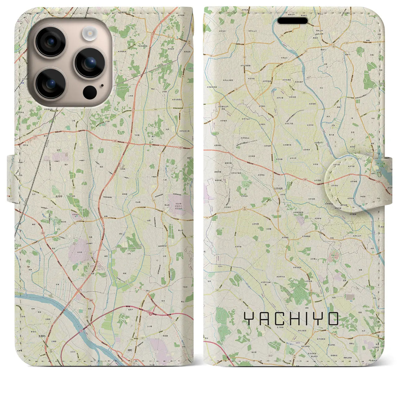 【八千代（茨城県）】地図柄iPhoneケース（手帳タイプ）ナチュラル・iPhone 16 Plus 用