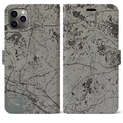 【八千代（千葉県）】地図柄iPhoneケース（手帳タイプ）モノトーン・iPhone 11 Pro Max 用