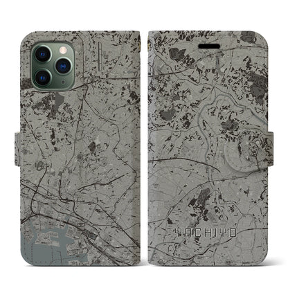 【八千代（千葉県）】地図柄iPhoneケース（手帳タイプ）モノトーン・iPhone 11 Pro 用