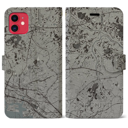 【八千代（千葉県）】地図柄iPhoneケース（手帳タイプ）モノトーン・iPhone 11 用