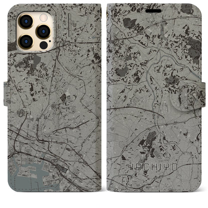 【八千代（千葉県）】地図柄iPhoneケース（手帳タイプ）モノトーン・iPhone 12 Pro Max 用