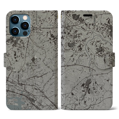 【八千代（千葉県）】地図柄iPhoneケース（手帳タイプ）モノトーン・iPhone 12 / 12 Pro 用