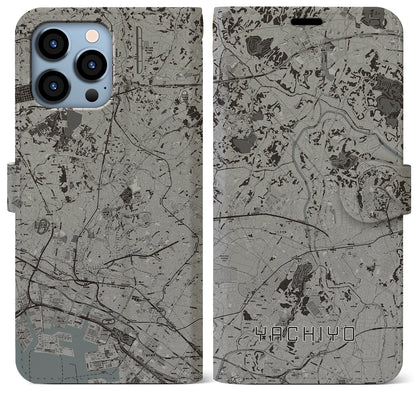 【八千代（千葉県）】地図柄iPhoneケース（手帳タイプ）モノトーン・iPhone 13 Pro Max 用