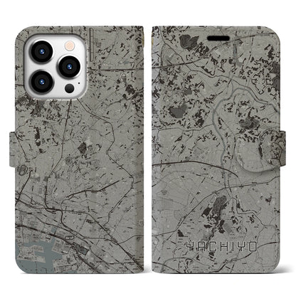 【八千代（千葉県）】地図柄iPhoneケース（手帳タイプ）モノトーン・iPhone 13 Pro 用