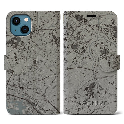 【八千代（千葉県）】地図柄iPhoneケース（手帳タイプ）モノトーン・iPhone 13 用