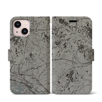 【八千代（千葉県）】地図柄iPhoneケース（手帳タイプ）モノトーン・iPhone 13 mini 用