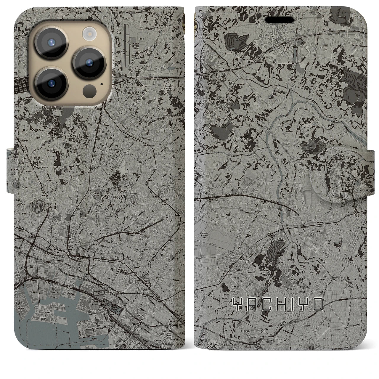 【八千代】地図柄iPhoneケース（手帳両面タイプ・モノトーン）iPhone 14 Pro Max 用