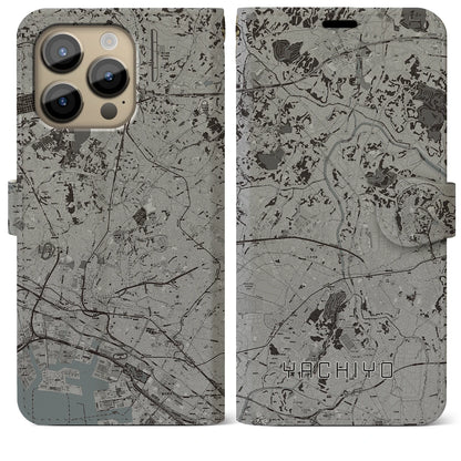 【八千代（千葉県）】地図柄iPhoneケース（手帳タイプ）モノトーン・iPhone 14 Pro Max 用