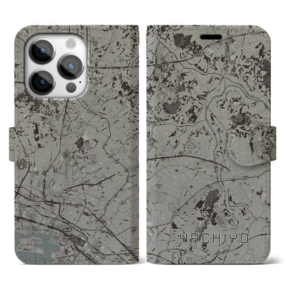 【八千代（千葉県）】地図柄iPhoneケース（手帳タイプ）モノトーン・iPhone 14 Pro 用