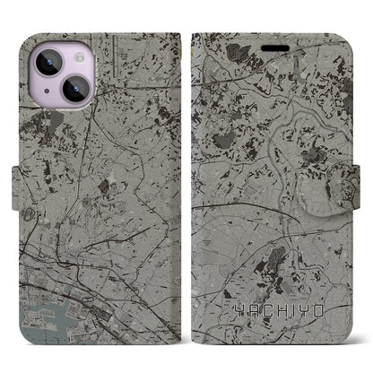 【八千代（千葉県）】地図柄iPhoneケース（手帳タイプ）モノトーン・iPhone 14 用