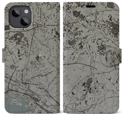 【八千代（千葉県）】地図柄iPhoneケース（手帳タイプ）モノトーン・iPhone 14 Plus 用