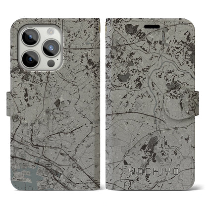 【八千代（千葉県）】地図柄iPhoneケース（手帳タイプ）モノトーン・iPhone 15 Pro 用