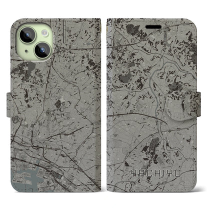 【八千代（千葉県）】地図柄iPhoneケース（手帳タイプ）モノトーン・iPhone 15 用