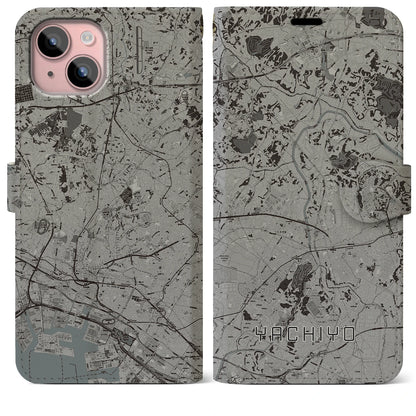 【八千代（千葉県）】地図柄iPhoneケース（手帳タイプ）モノトーン・iPhone 15 Plus 用