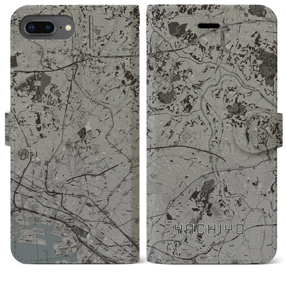 【八千代（千葉県）】地図柄iPhoneケース（手帳タイプ）モノトーン・iPhone 8Plus /7Plus / 6sPlus / 6Plus 用