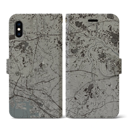 【八千代（千葉県）】地図柄iPhoneケース（手帳タイプ）モノトーン・iPhone XS / X 用