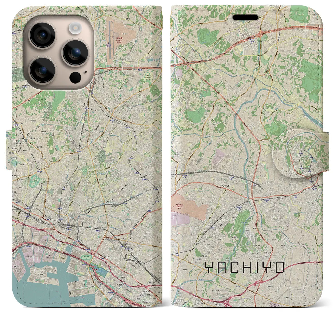 【八千代（千葉県）】地図柄iPhoneケース（手帳タイプ）ナチュラル・iPhone 16 Plus 用