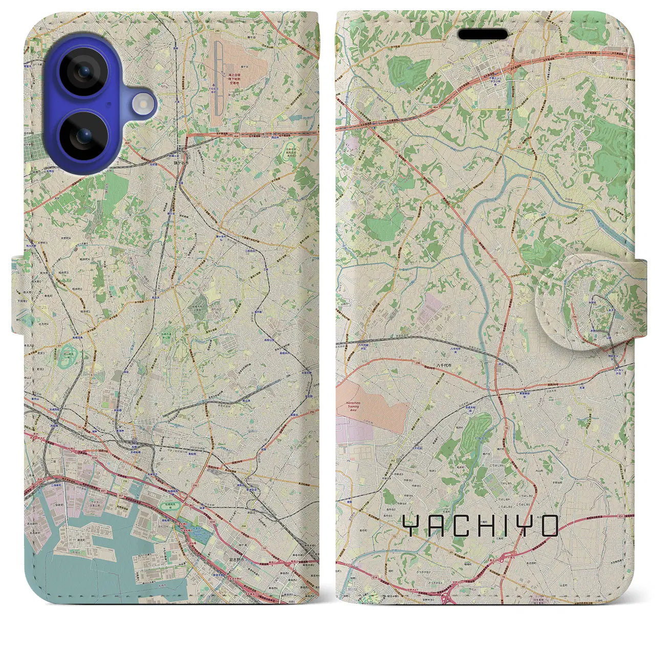 【八千代（千葉県）】地図柄iPhoneケース（手帳タイプ）ナチュラル・iPhone 16 Pro Max 用