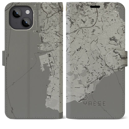 【八重瀬（沖縄県）】地図柄iPhoneケース（手帳タイプ）モノトーン・iPhone 14 Plus 用