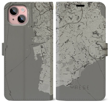 【八重瀬（沖縄県）】地図柄iPhoneケース（手帳タイプ）モノトーン・iPhone 15 Plus 用