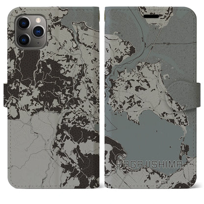 【屋我地島（沖縄県）】地図柄iPhoneケース（手帳タイプ）モノトーン・iPhone 11 Pro Max 用