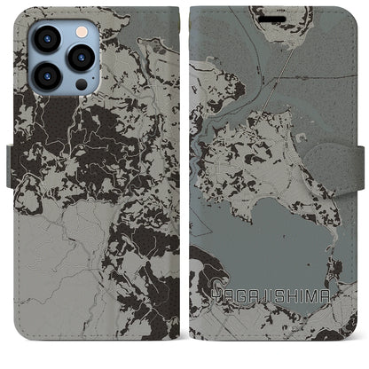 【屋我地島（沖縄県）】地図柄iPhoneケース（手帳タイプ）モノトーン・iPhone 13 Pro Max 用