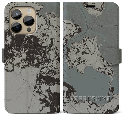 【屋我地島（沖縄県）】地図柄iPhoneケース（手帳タイプ）モノトーン・iPhone 14 Pro Max 用