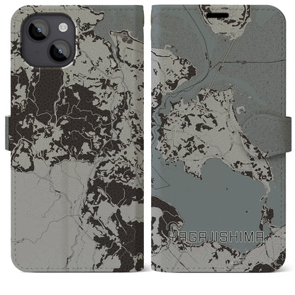 【屋我地島（沖縄県）】地図柄iPhoneケース（手帳タイプ）モノトーン・iPhone 14 Plus 用