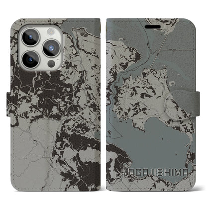 【屋我地島（沖縄県）】地図柄iPhoneケース（手帳タイプ）モノトーン・iPhone 15 Pro 用