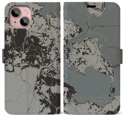 【屋我地島（沖縄県）】地図柄iPhoneケース（手帳タイプ）モノトーン・iPhone 15 Plus 用