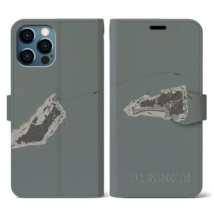 【焼尻（北海道）】地図柄iPhoneケース（手帳タイプ）モノトーン・iPhone 12 / 12 Pro 用