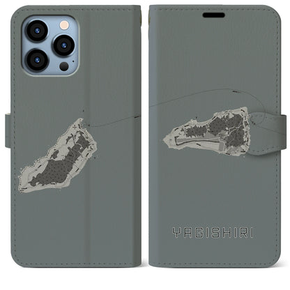 【焼尻（北海道）】地図柄iPhoneケース（手帳タイプ）モノトーン・iPhone 13 Pro Max 用