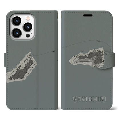 【焼尻（北海道）】地図柄iPhoneケース（手帳タイプ）モノトーン・iPhone 13 Pro 用