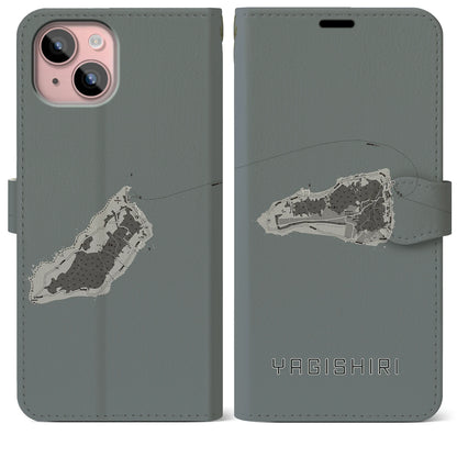 【焼尻（北海道）】地図柄iPhoneケース（手帳タイプ）モノトーン・iPhone 15 Plus 用