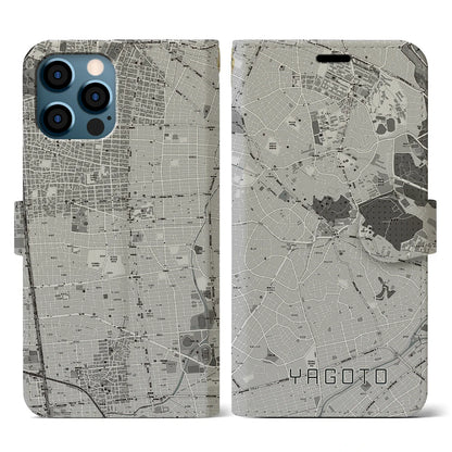 【八事（愛知県）】地図柄iPhoneケース（手帳タイプ）モノトーン・iPhone 12 / 12 Pro 用